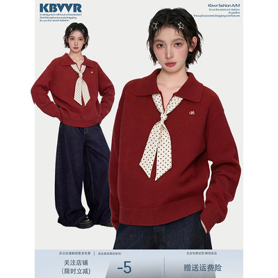 新年红色polo翻领毛衣女