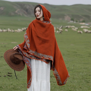 民族风带帽披肩斗篷丽江新疆西藏大西北旅游穿搭拍照保暖外搭披风