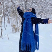 克莱因蓝加厚纯色海马毛大围巾女2025新款 秋冬季 百搭披肩流苏围脖