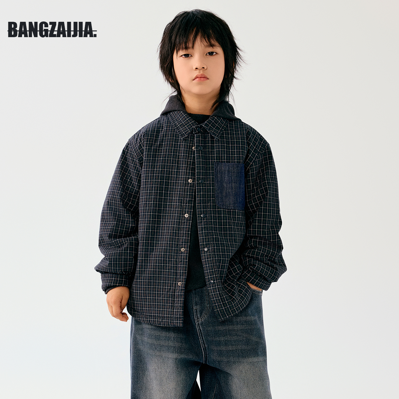儿童格子拼接牛仔衬衫棉服
