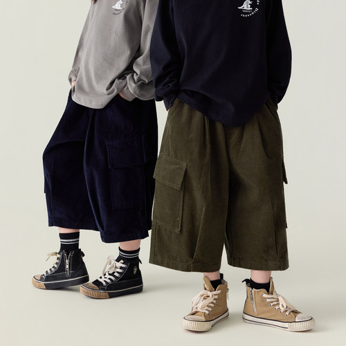 韩系工装灯芯绒多口袋男女童阔腿