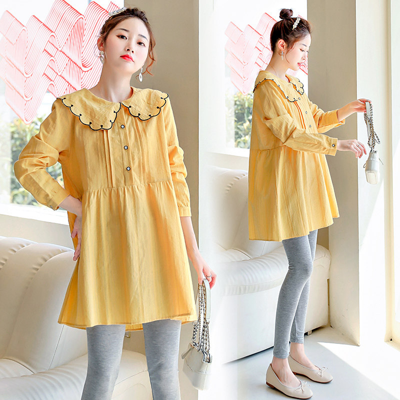 출산 가을 탑 긴 소매 2024 한국어 패션 정장 유행 엄마 중반 임신 유행 인형 칼라 셔츠