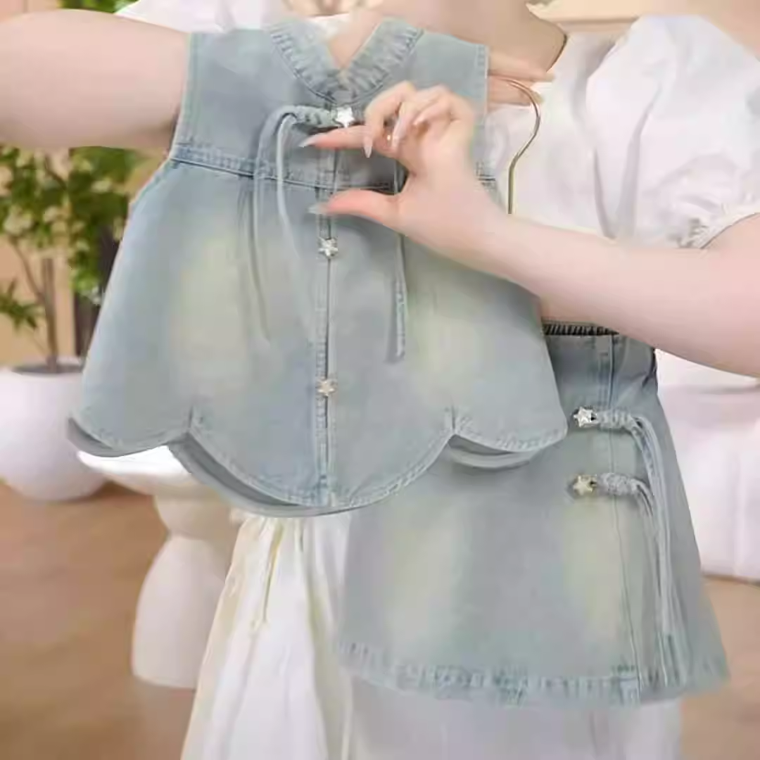 女童夏款套装2026新款洋气韩系宝宝小女孩牛仔背心马甲短裙两件套