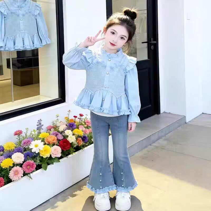 女童小香风套装春秋2026新款潮儿童春装女孩花边衬衫喇叭裤两件套