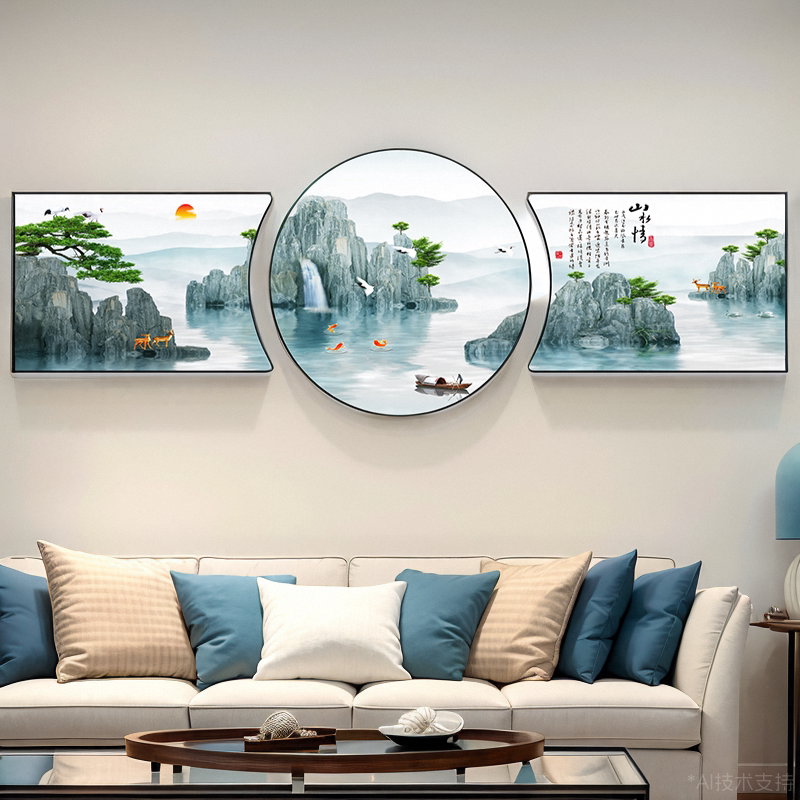 山水画客厅装饰画中式沙发背景墙挂画招财靠山三联画聚财晶瓷壁画_虎窝淘