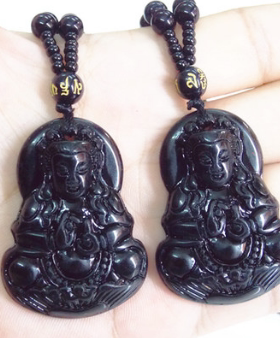 黑曜石观音六字真言长款吊坠项链