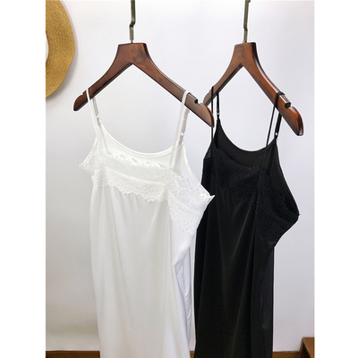 蕾丝拼缎面内衬裙夏季薄款内搭中长款打底一字领宽松丝质吊带裙女
