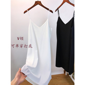 微透V领吊带裙防走光可单穿中长款 细肩带A字宽松打底衬裙连衣裙女