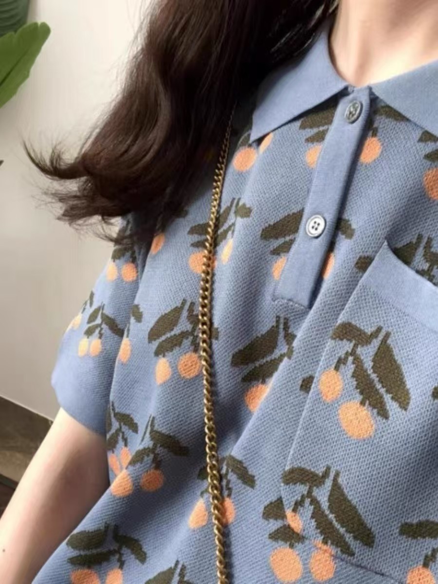 2025夏季新款中长款樱桃印花连衣裙短袖T恤蓝色Polo领针织裙子女