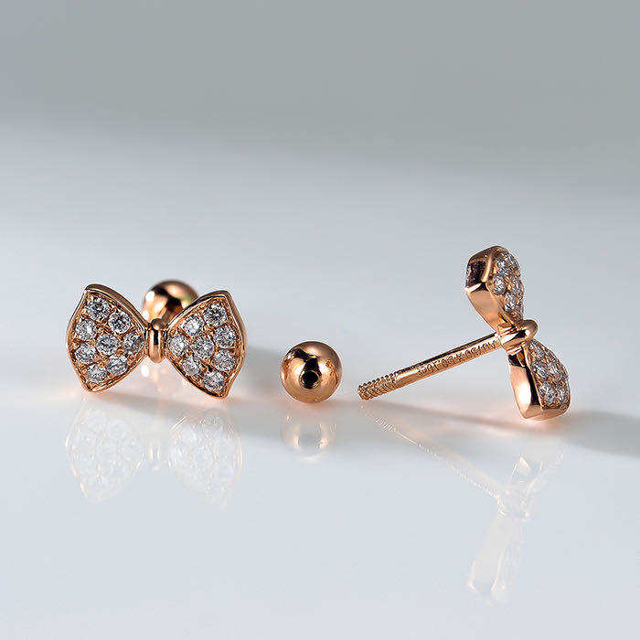 18K金钻石耳钉彩金迷你蝴蝶结真钻拧螺丝耳骨钉简约小巧耳坠