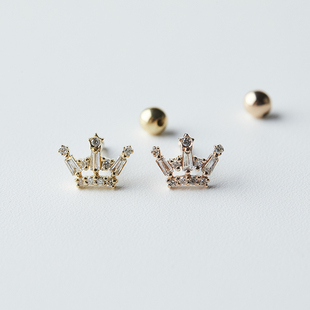 18K金钻石耳钉甜美小皇冠真钻玫瑰金螺丝拧耳骨钉AU750耳饰