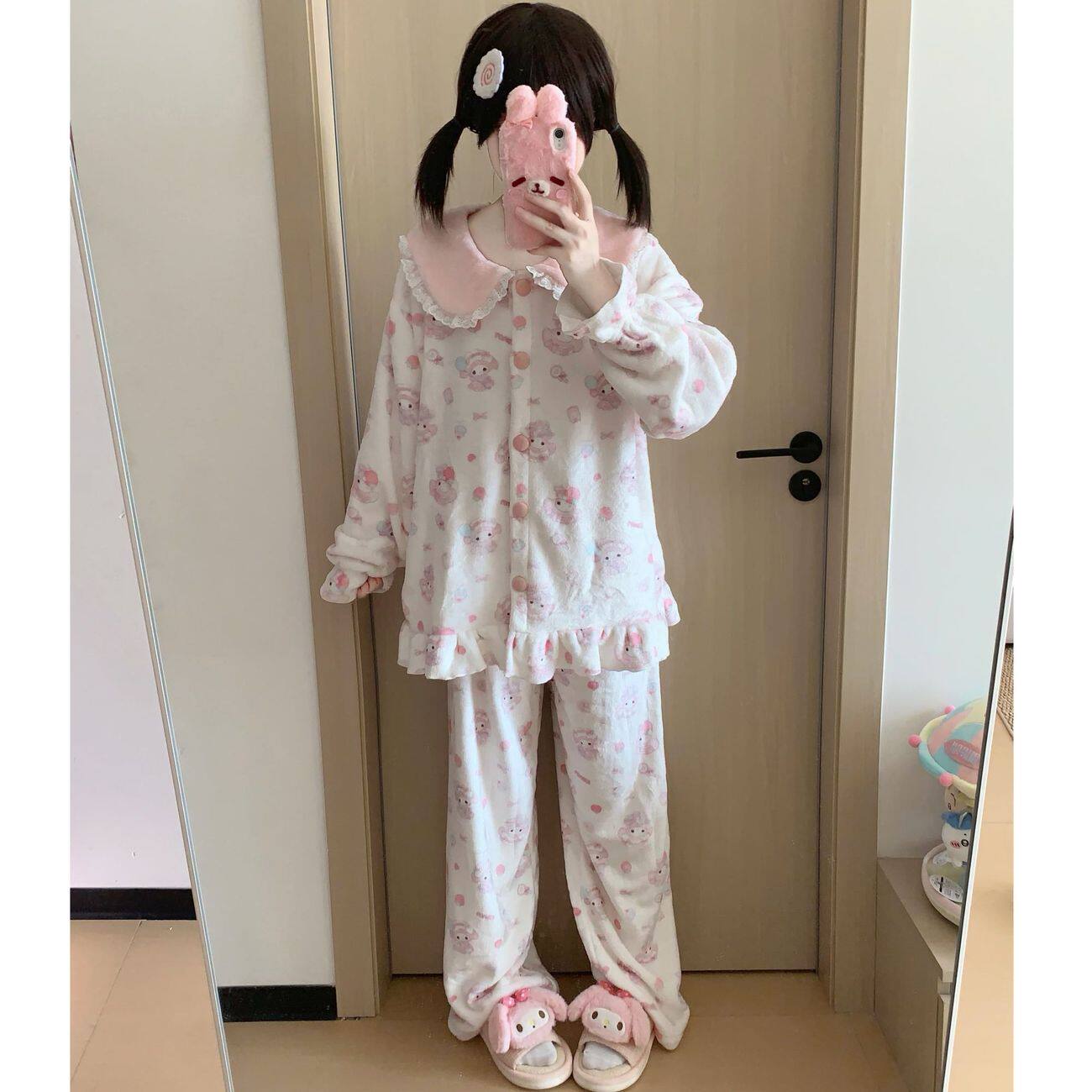 秋冬季加厚娃娃领法兰绒卡通可爱睡衣女美乐蒂少女保暖家居服套装