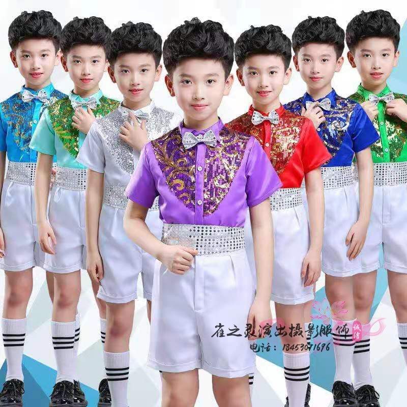 亮片男童短袖背带裤朗诵表演服图片