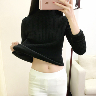  高领毛衣女冬加厚加绒短款贴身针织打底衫加热弹性厚实暖
