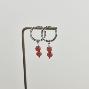 中式钛合金圆环红玛瑙珠吊坠耳环女简约无耳洞耳夹男黑玛瑙耳饰
