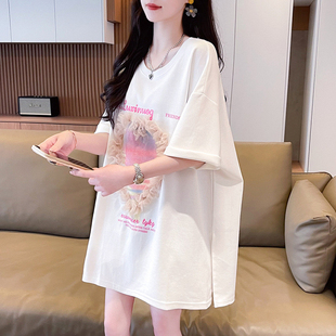 女洋气设计感胖mm上衣夏季 t恤潮 纯棉圆领蕾丝短袖 T恤宽松开叉大码