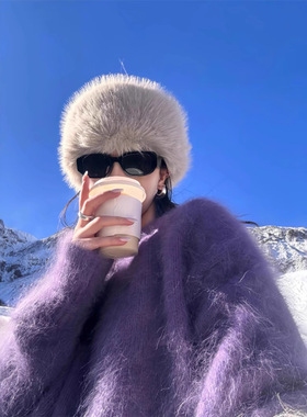 紫色圆领宽松马海毛水貂绒毛衣女加厚秋冬新款小众韩系慵懒风上衣