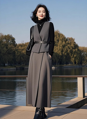 FL240917气质女神范高端女装时髦洋气灰色马甲打底衫半身裙套装秋
