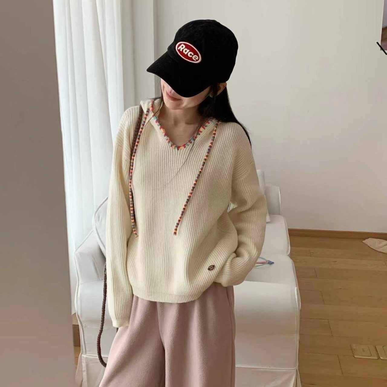 2025秋冬女小众设计彩色抽绳连帽毛衣外套宽松柔软v领针织衫上衣