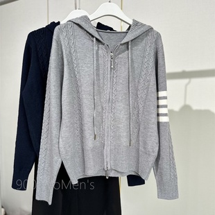 2024秋冬女装针织衫开衫双拉链宽松毛衣外套连帽抽绳卫衣四条杠