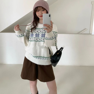 费尔岛雪花毛衣套头秋冬女马海毛圆领宽松外搭气质减龄针织衫
