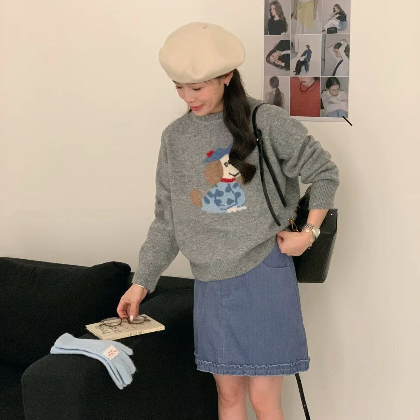 可爱卡通小狗套头毛衣打底秋冬女装宽松柔软针织衫圆领通勤