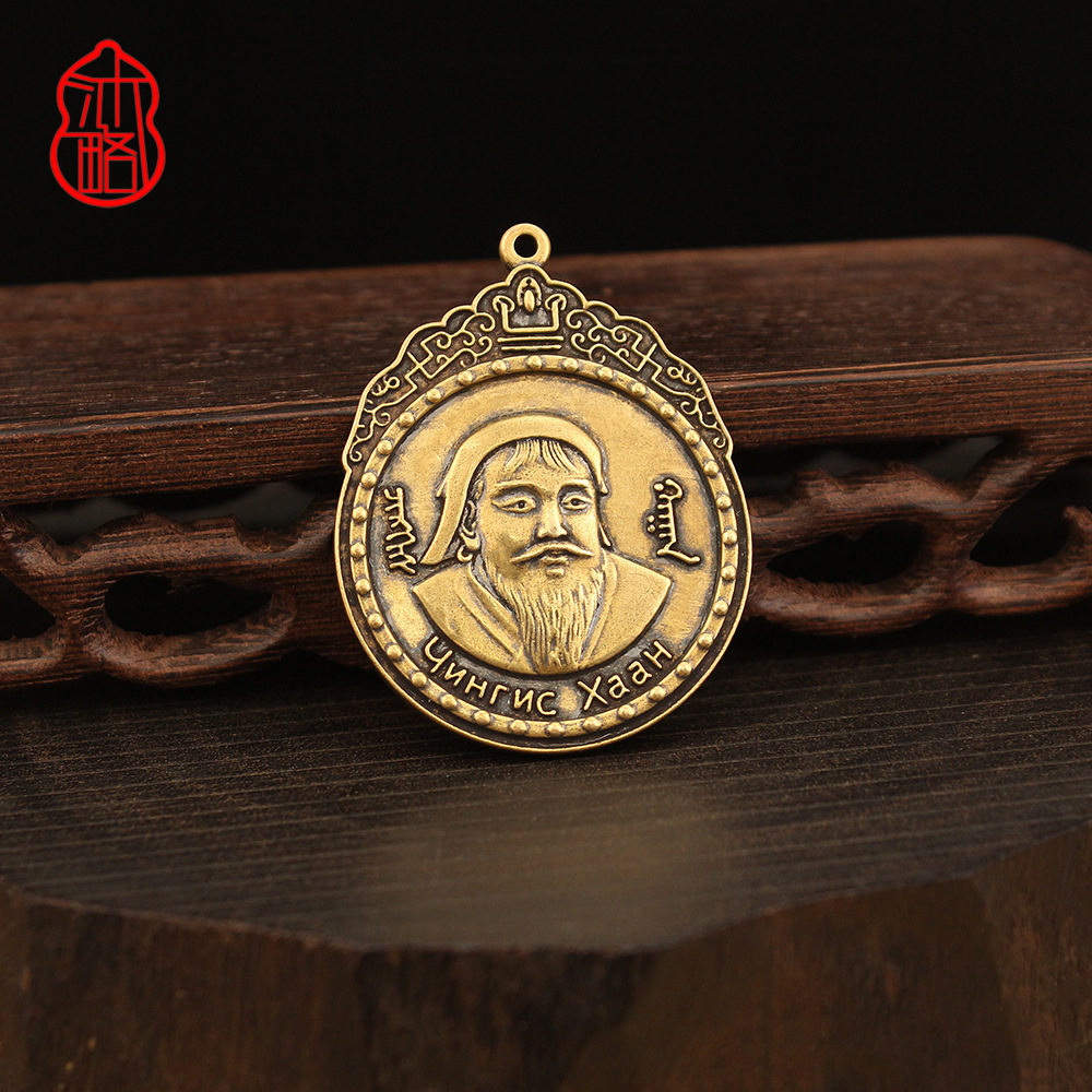 蒙古元素黄铜成吉思汗圣主头像吊坠复古做旧民族风徽章挂件挂饰
