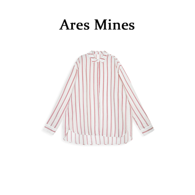 【盛朗熙AresMines】假日阳光 美式复古休闲红白条纹宽松长袖衬衫