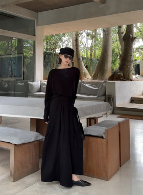 【盛朗熙Ares Mines】静默空间 极简通勤压褶裹裙系带A字黑色半裙