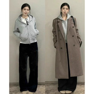 可外 连帽风衣大衣内搭叠穿短款 灰色厚棉T外套显瘦正肩女款 春秋季