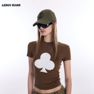 咖色修身 T恤女2026春新款 弹力莱赛尔羊毛上衣 WANG毛绒短袖 LEDIM