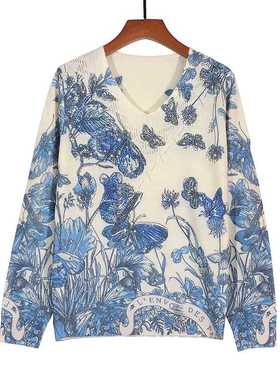 秋季新款古嘉子打底衫长袖印花烫钻针织衫天丝羊毛衫薄上衣女9706