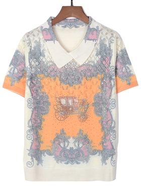 2026夏季女上衣翻领短袖天丝亚麻衫针织印花亮钻镂空薄款T恤62322