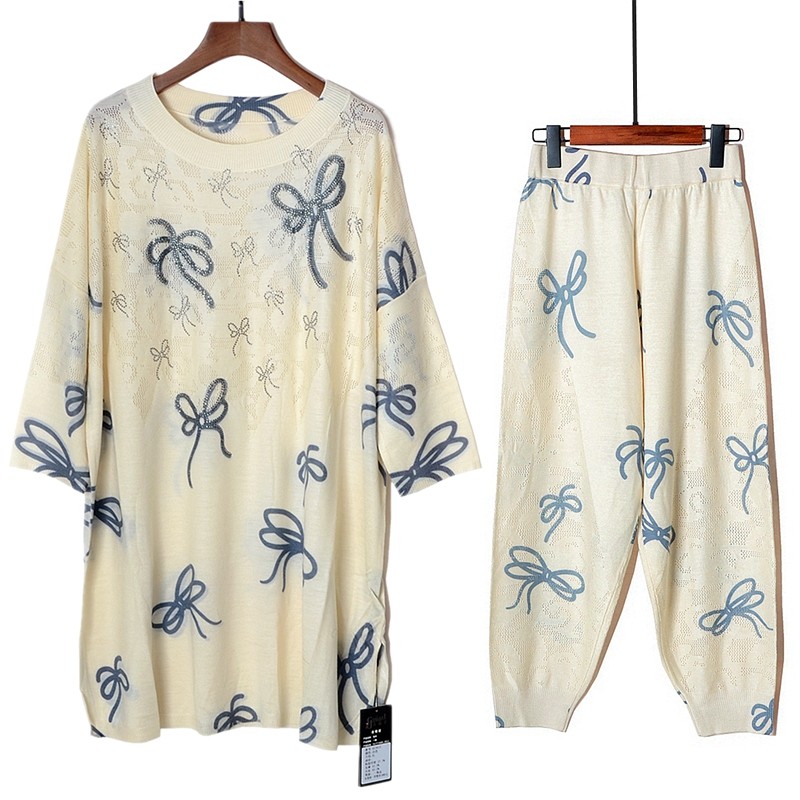 初秋套装2025新款女时尚烫钻天丝亚麻针织大衫裤装两件套宽松3815,女装/女士精品,时尚套装,淘宝优惠券,粉丝福利购,淘宝优惠卷