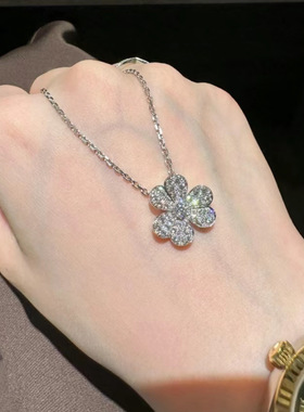 超闪满钻小花朵项链女轻奢小众设计高级感精致925银镀18k白金颈链