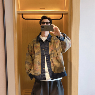 复古印花拼接牛仔夹克男翻领工装 范哲贤 美式 新款 外套潮 2025春季