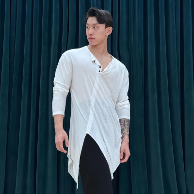 Cold star拉丁舞服成人男生训练服开衩长袖上衣专业日常练功舞服