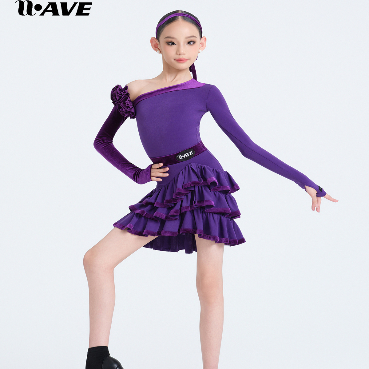 WAVE未午拉丁舞服新款女童练功服长袖斜肩上衣紫色唐顿庄园套装女