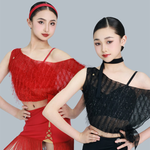 R Design舞服少儿2025新款吊带细闪罩衫流苏套装拉丁舞练功服女