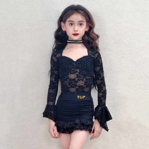 TOP拉丁舞服秋季新款女童练功服方领蕾丝泡泡袖包臀裙训练服套装