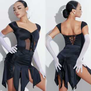 David拉丁舞服新款成人女士练功服吊带网纱多瓣褶皱包臀训练表演