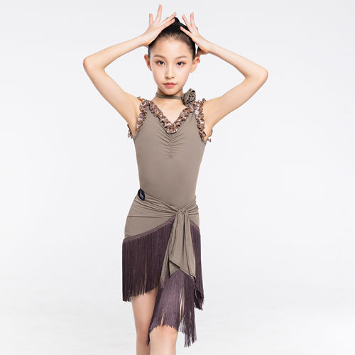 Venny薇妮【雾棕花漾】2026新款拉丁舞服花边分体练功服流苏臀巾