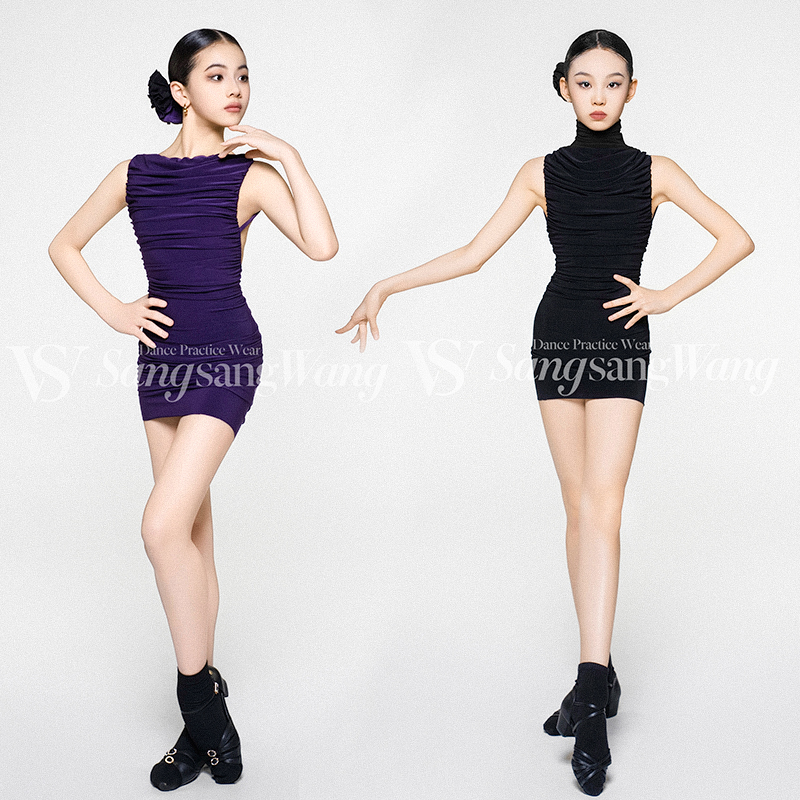 sswang女童高领堆褶拉丁舞服