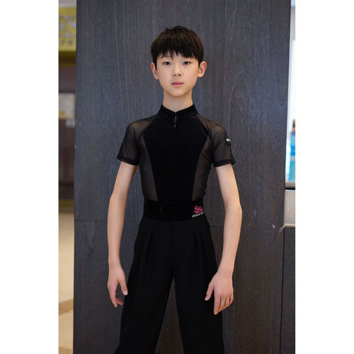 盛佳SJSK拉丁舞服夏季新款男童练功服丝绒网纱短袖上衣日常训练服