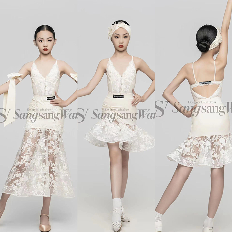 sswang奶油色刺绣拉丁舞服