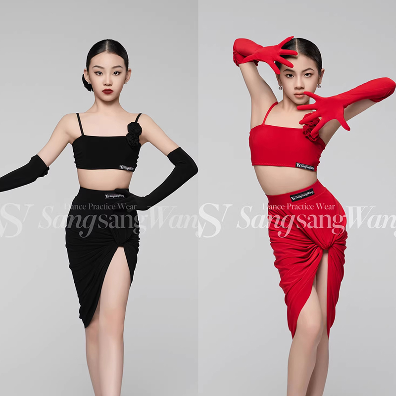 sswang舞服正品拉丁舞服女童少儿新款扭扭吊带花朵摩登裙练功服