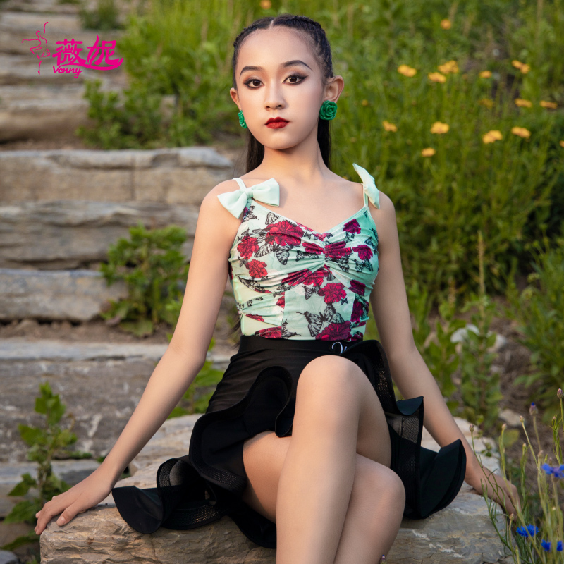 薇妮拉丁舞服新款碎花练功服女儿童专业分体训练夏季吊带舞衣套装