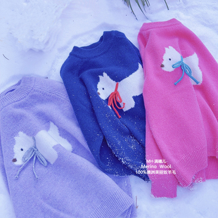 女童纯羊毛衫手工绣狗狗羊毛毛衣儿童针织打底衫100%全羊毛羊绒衫