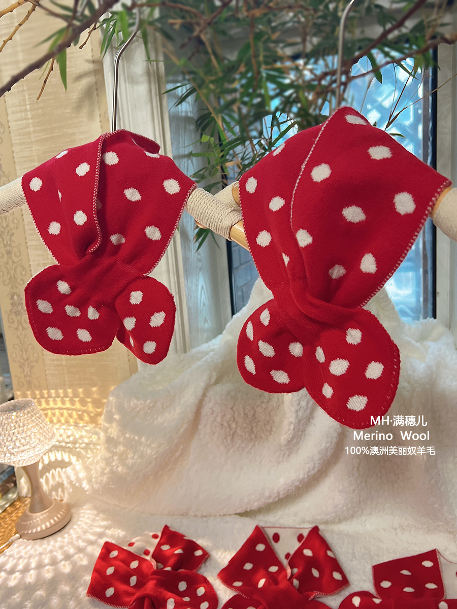 儿童围巾女童波点羊毛小围脖男童宝宝交叉蝴蝶结冬季羊绒针织围巾