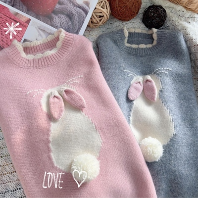 新款儿童毛衣手工绣小兔子100%澳洲羊毛衫女童双股加厚秋冬打底衫